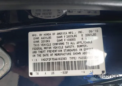 2010 Honda Accord 2.4 Ex from USA, damaged, VIN 1HGCP2F70AA162393